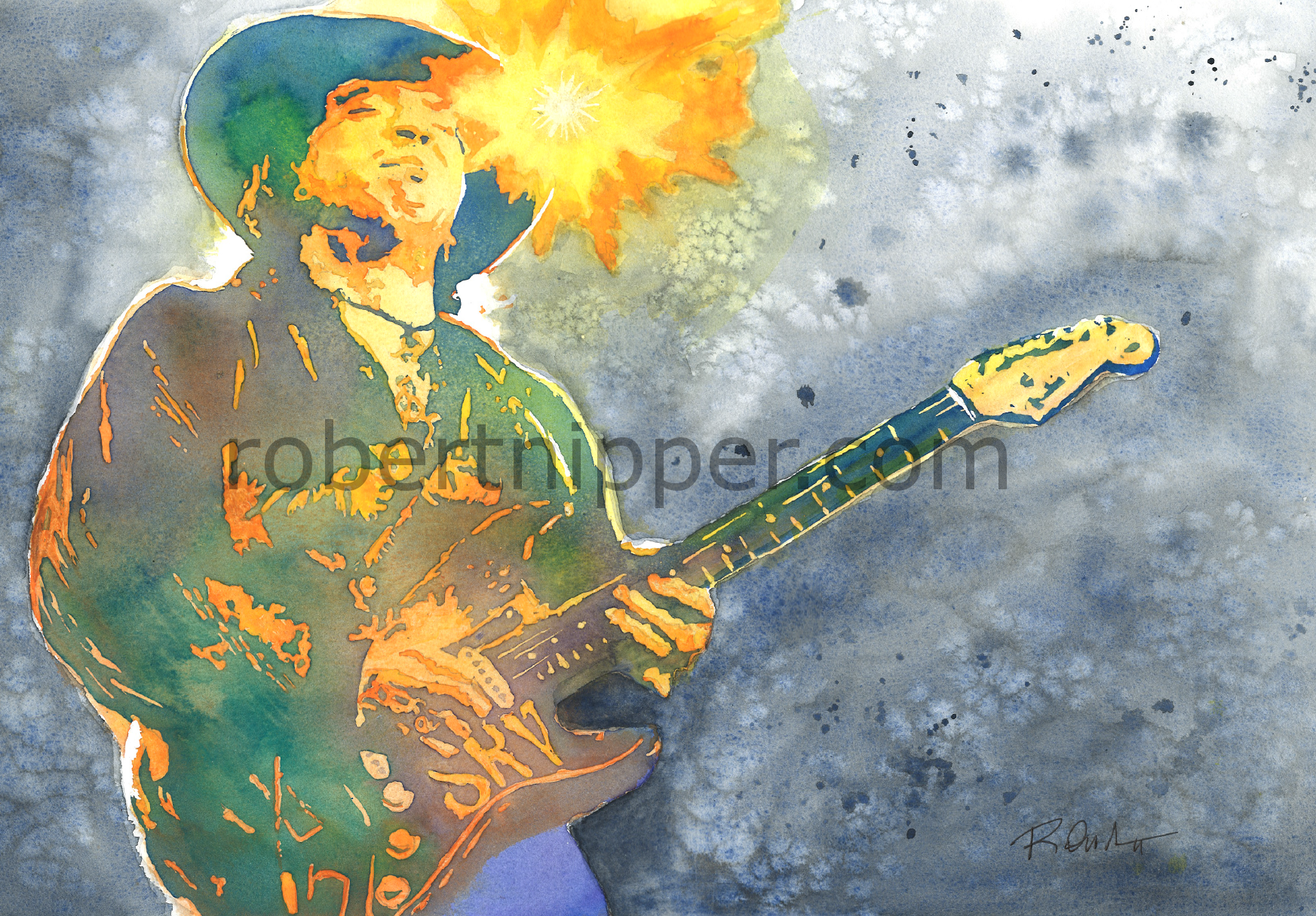 A vivid watercolor portrait of Stevie Ray Vaughan, playing guitar on stage.