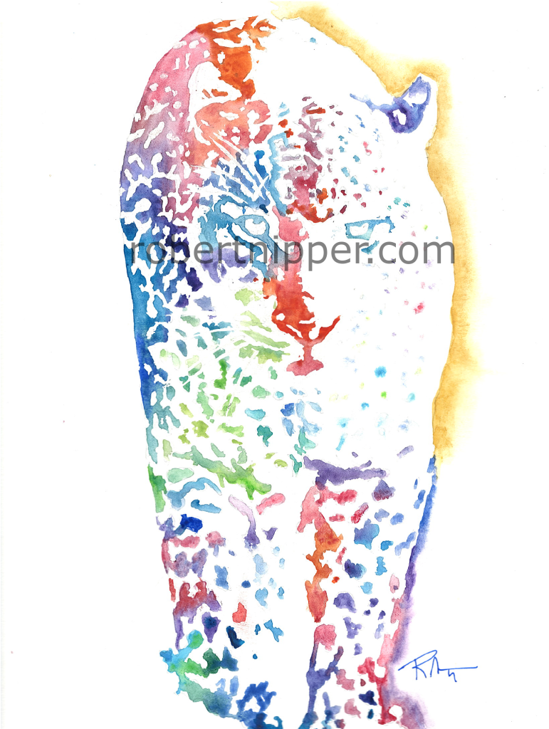 A watercolor of a jaguar, with wildly colored spots.