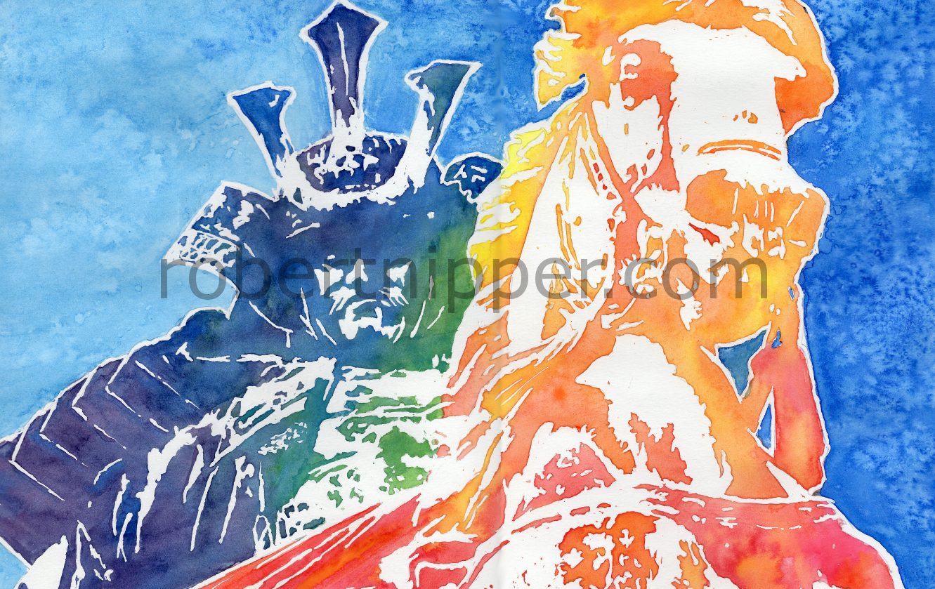 This watercolor was inspired by the statue of Kusunoki Masashige in Japan.