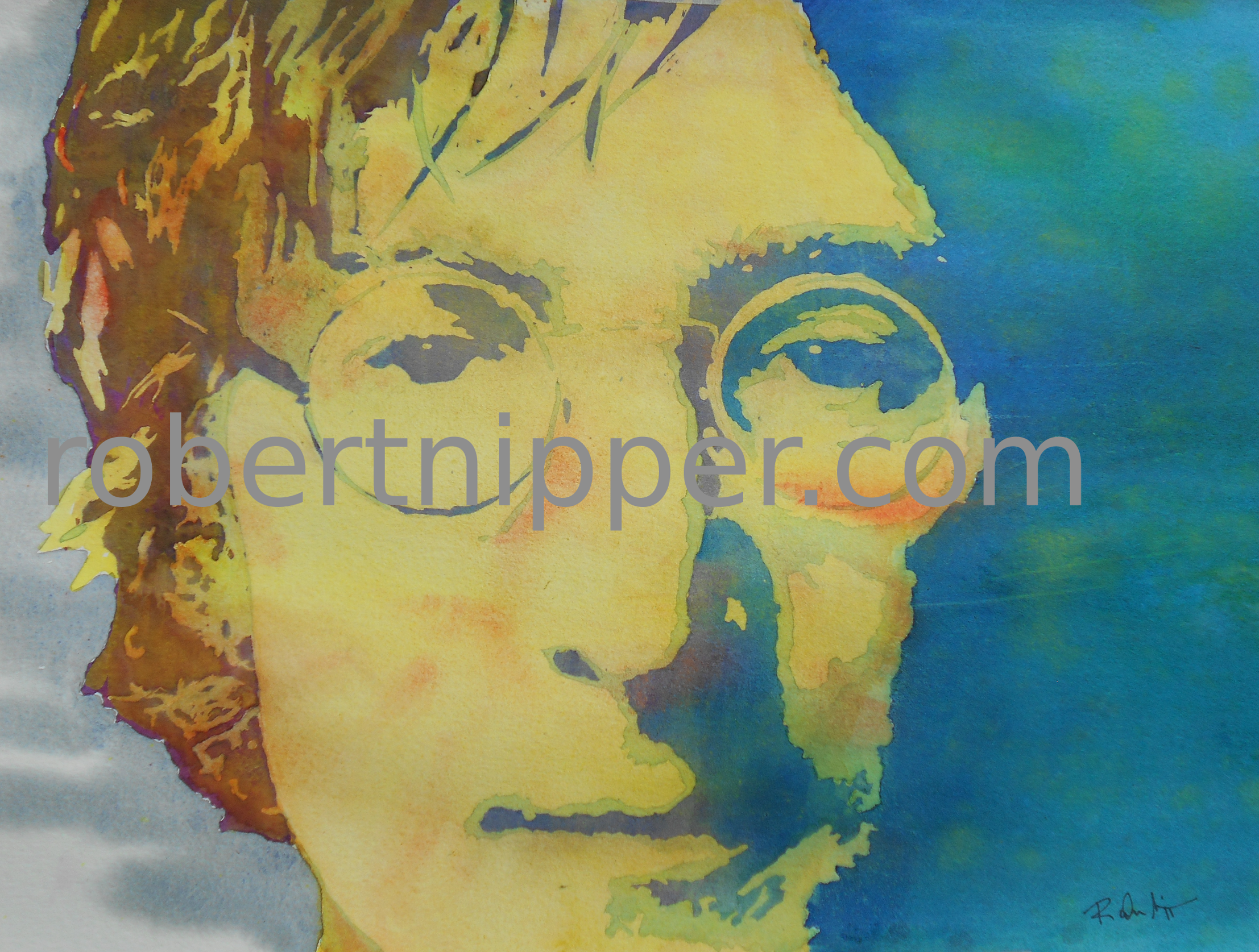 A colorful potrait of John Lennon in watercolor.