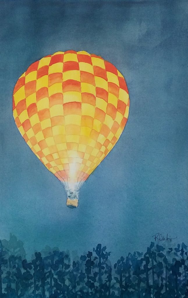 An 11x17 watercolor of a hot air balloon.
