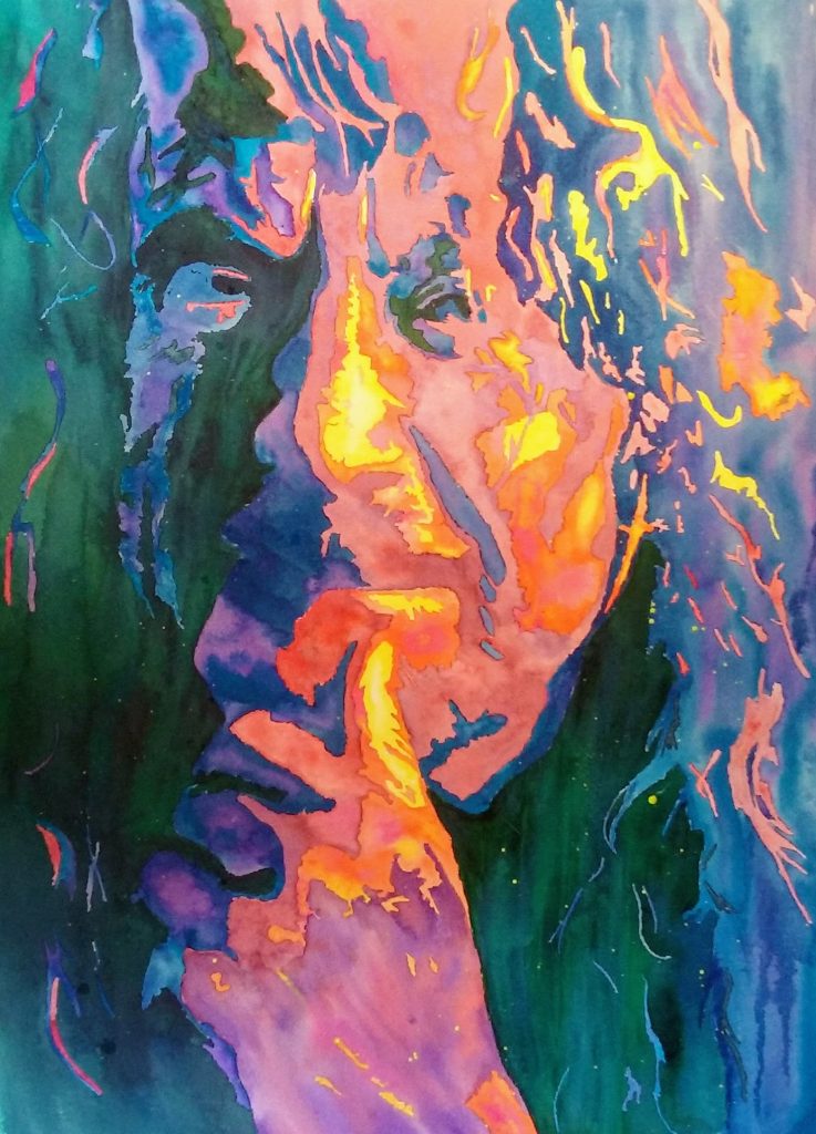 A watercolor portrait of Robert Plant