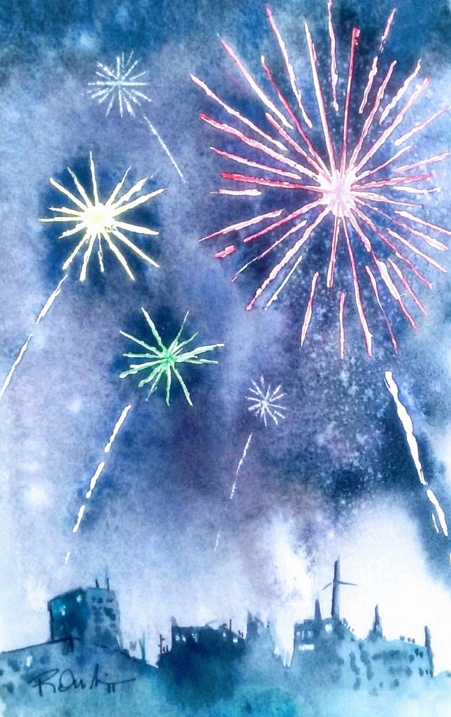 A watercolor of fireworks over a ciry.