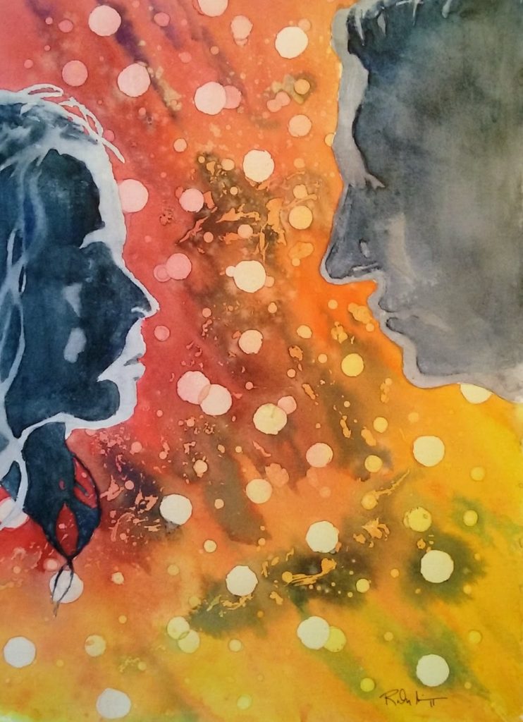 This watercolor painting is of an abstract field containing sphere between a man and woman.