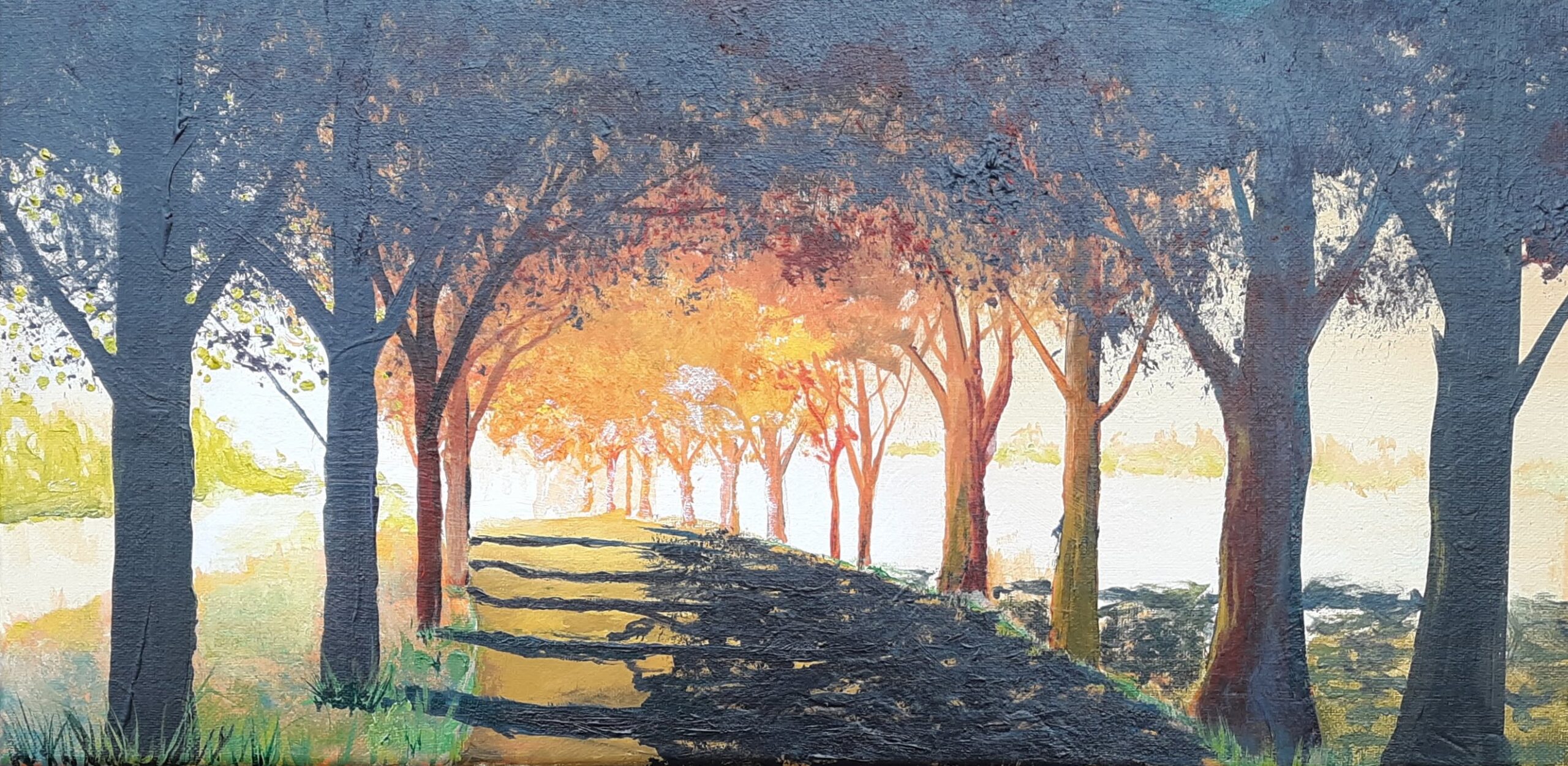 10 x 20 acrylic on canvas of a country road at sunset