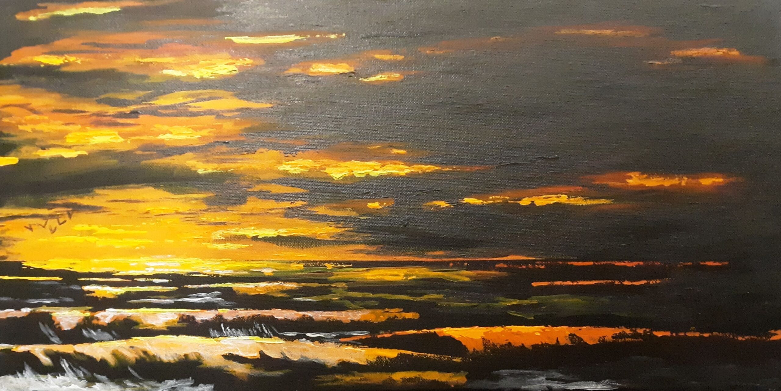A 10 x 20 acrylic on canvas of sunrise over the ocean.