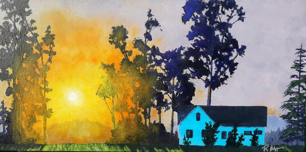 15 x 30 acrylic on canvas of a rural setting at the edge of day