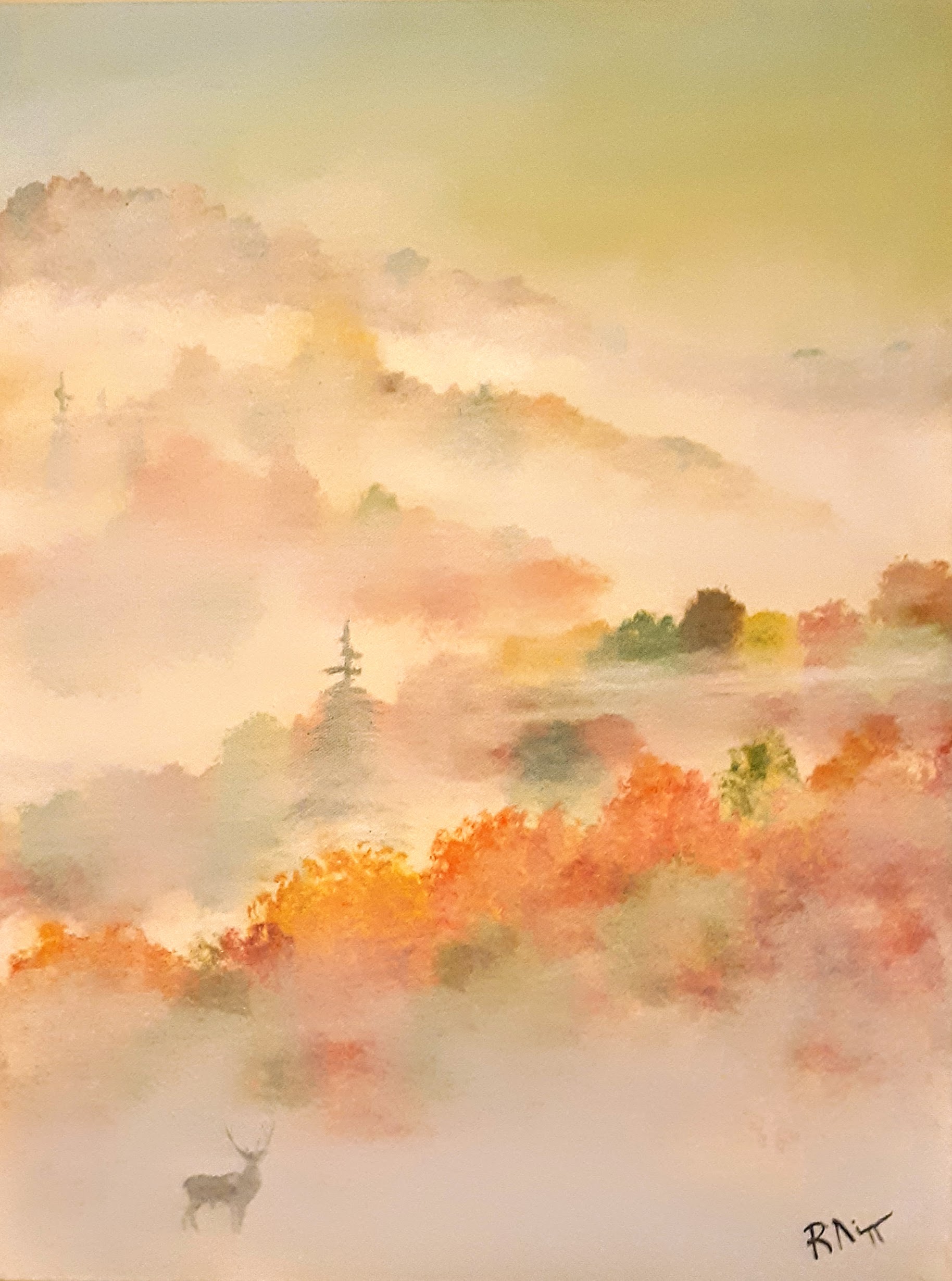 18 x 24 acrylic on canvas of a misty autumn morning in the hills of Appalachia