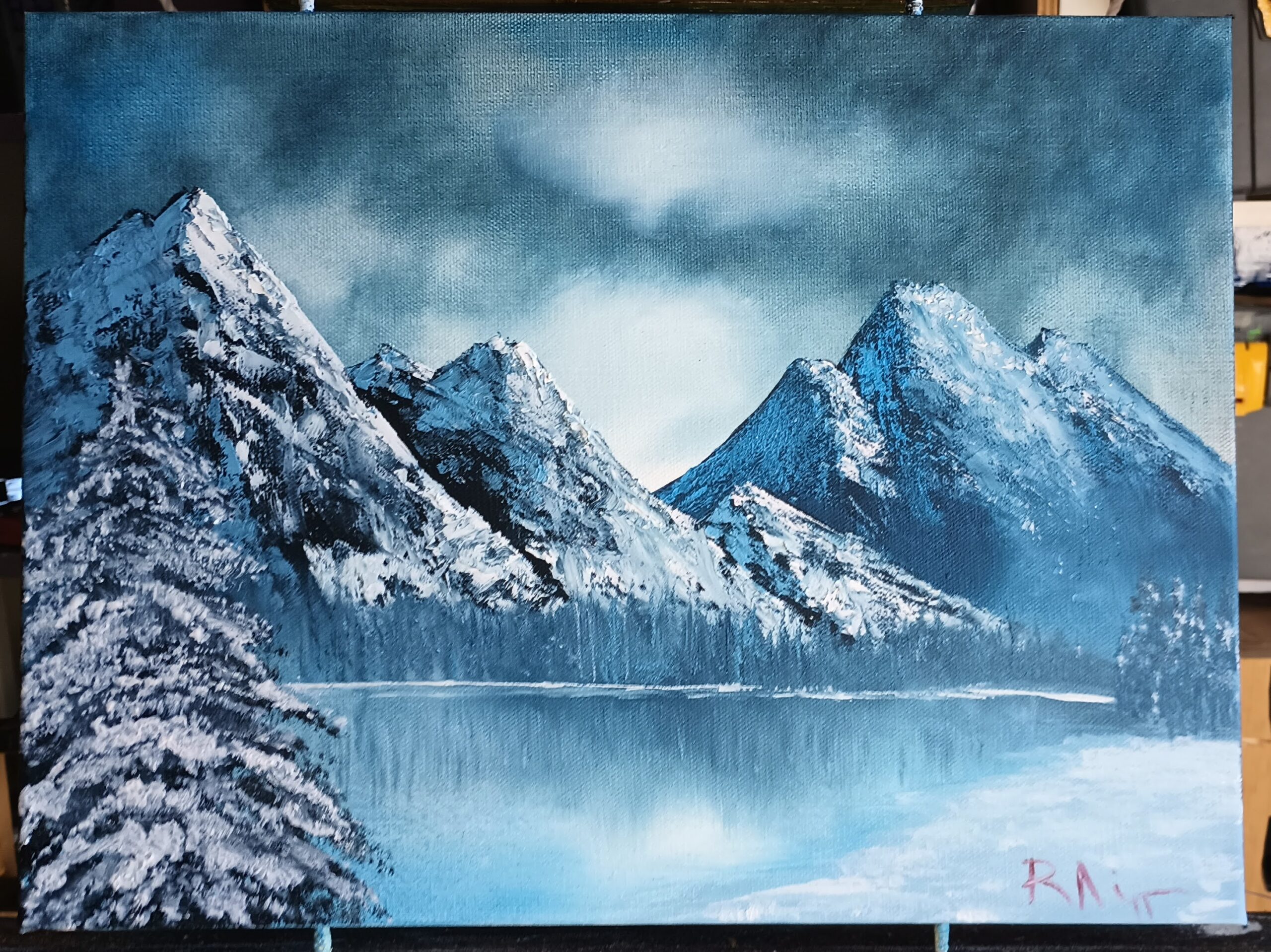 16 x 20 oil on canvas of a snowy mountain range